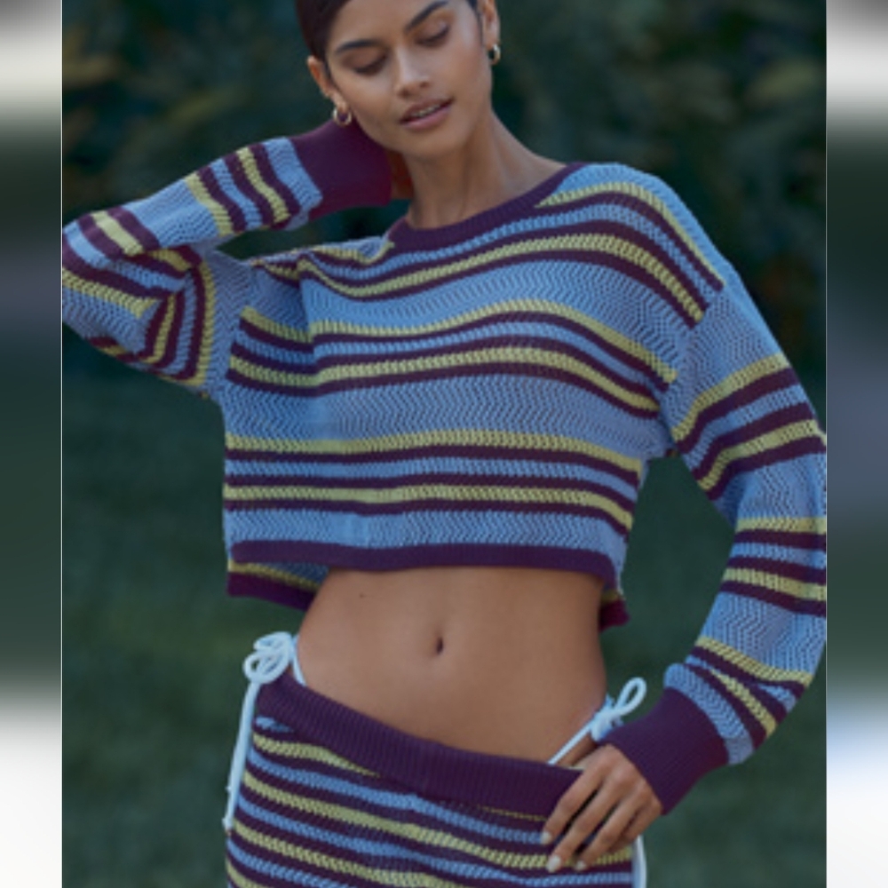 Anthropologie Striped Cropped Swim Coverup in Light Blue, Purple & Lime